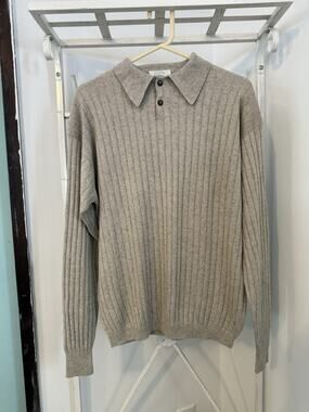 Louis roth ribbed knit long-sleeve polo sweater, silk cashmere Md beige